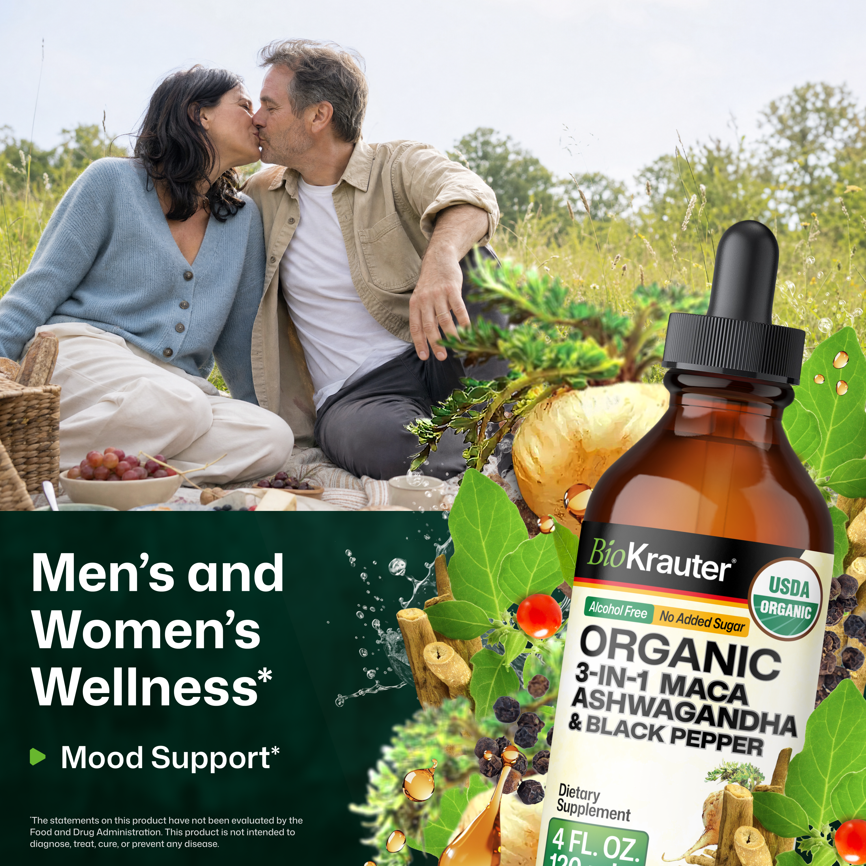 USDA Organic 3-in-1 Maca Ashwagandha & Black Pepper Tincture - 4 Fl.Oz. Bottle