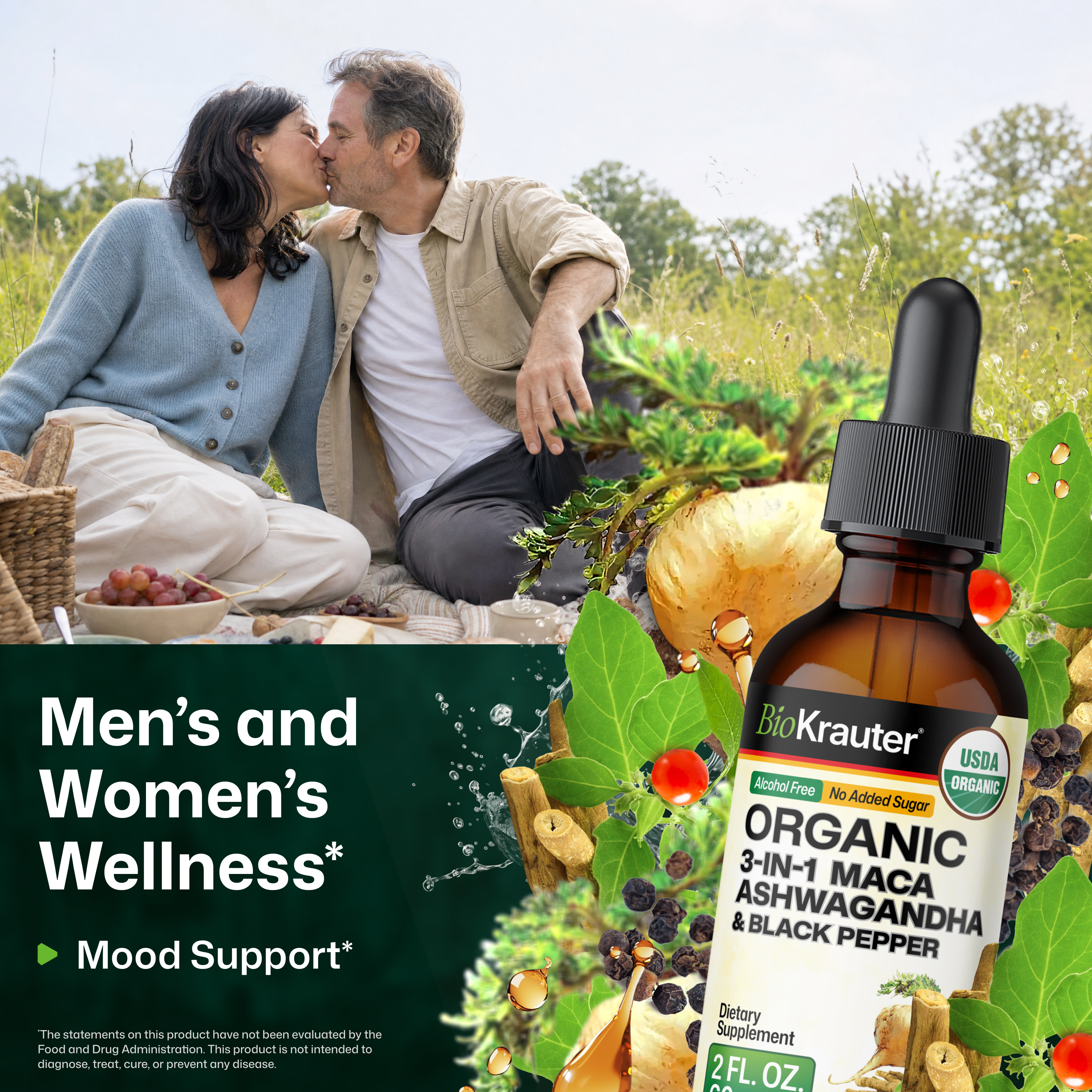 USDA Organic 3-in-1 Maca Ashwagandha & Black Pepper Tincture - 2 Fl.Oz. Bottle