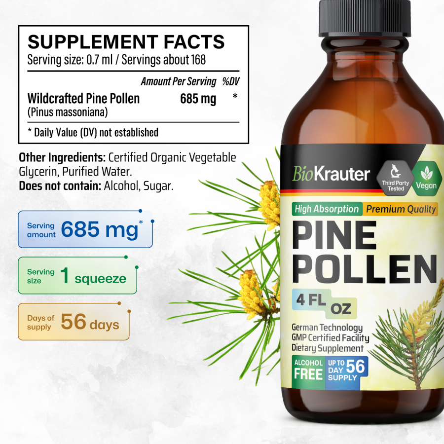 Pine Pollen Tincture – Maximum Strength, 4 Fl Oz (120 Servings) – GANESHA HERBS, Sugar Free, Natural
