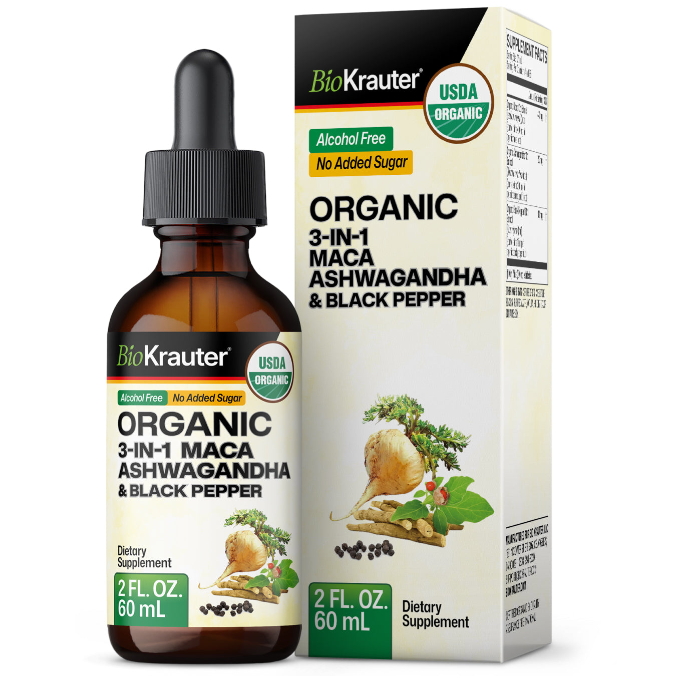 USDA Organic 3-in-1 Maca Ashwagandha & Black Pepper Tincture - 2 Fl.Oz. Bottle