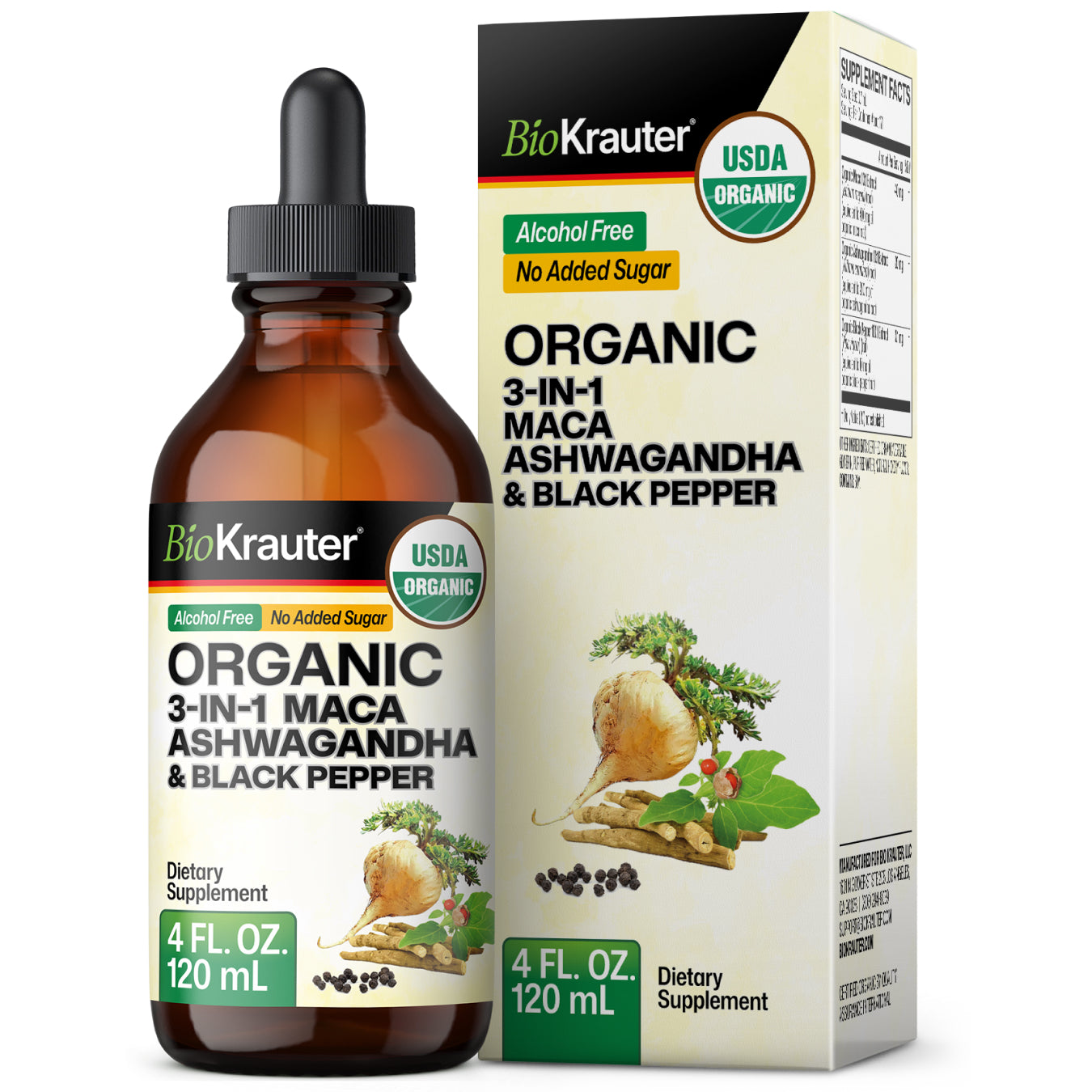 USDA Organic 3-in-1 Maca Ashwagandha & Black Pepper Tincture - 4 Fl.Oz. Bottle